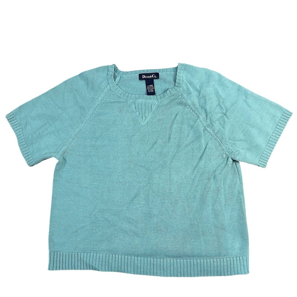 Womens XL‎ light blue short sleeve 100% cotton knit shirt Denim&Co thick top